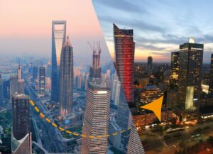 double exposure photo with two cities