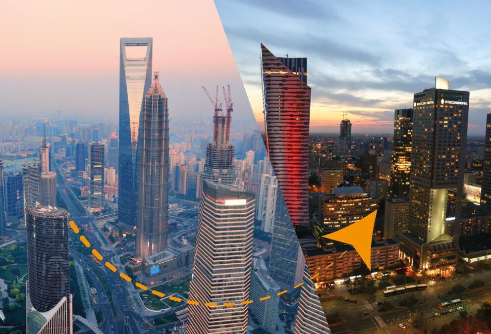 double exposure photo with two cities